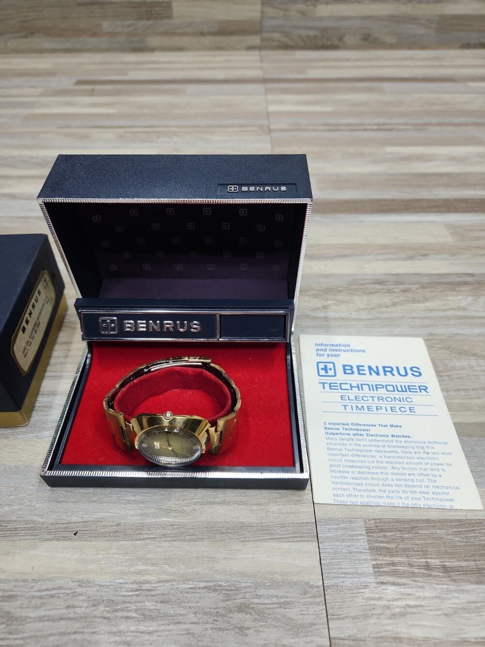 Vintage BENRUS Electronic Technipower Gold Tone Mens Watch, Box And Papers